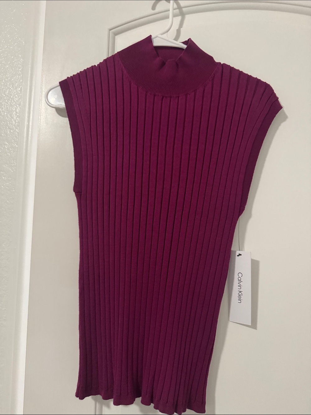 Calvin Klein Ribbed Sleeveless Mock Neck Top - Fuchsia